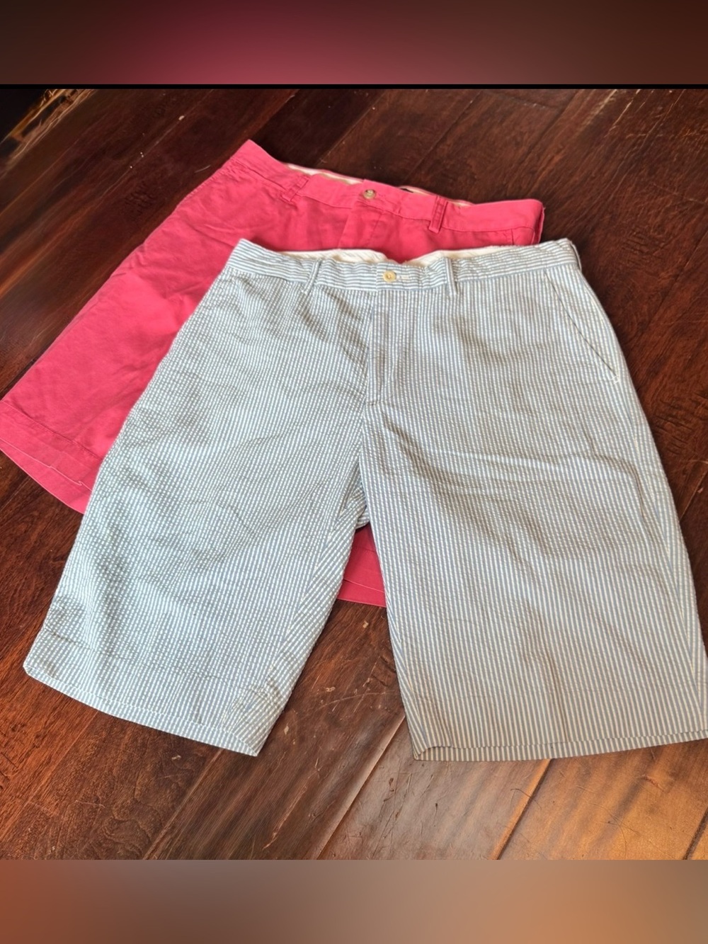 Ralph Lauren Seersucker Light Blue & Pink Flat Front Shorts size 34 100% cotton